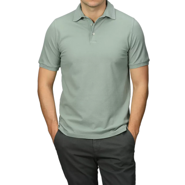 FEDELI Fedeli Washes Light Green Cotton Pique Polo Shirt